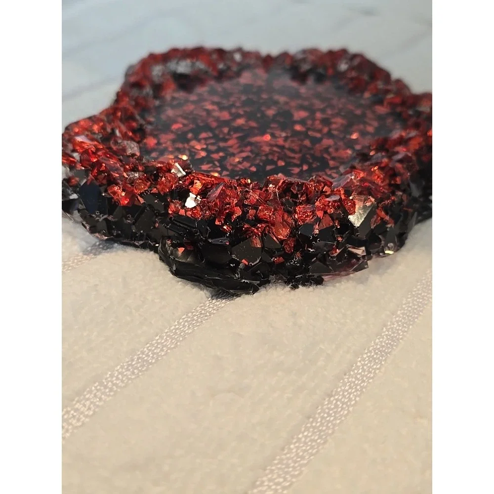 Handmade Resin Crystal Edge Wavy Trinket Holder Red Black‎ Glitter 776